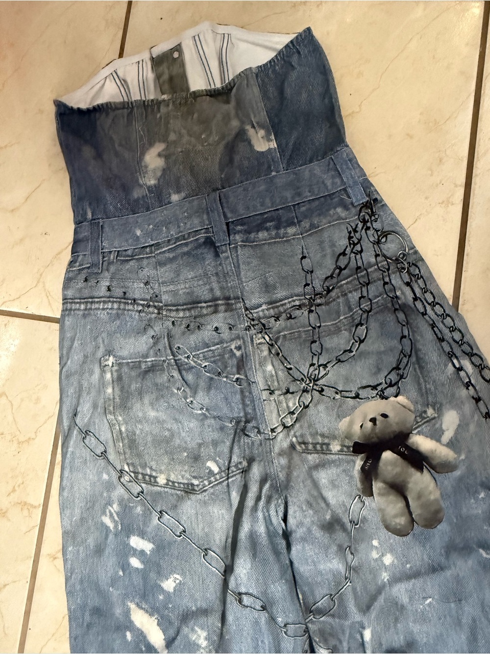 Fashion Nova Break Free strapless Graffiti Denim Jumpsuit SZ Medium - Picture 6 of 13